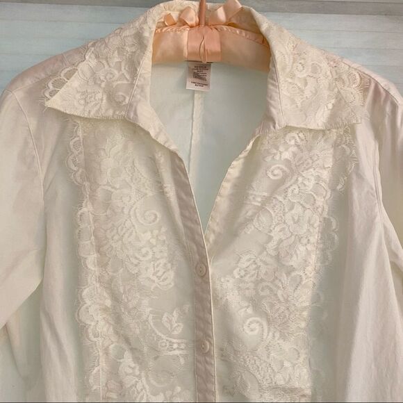 Coldwater Creek White Cotton Lace Embellished Blouse Cottagecore Medium - Picture 2 of 6